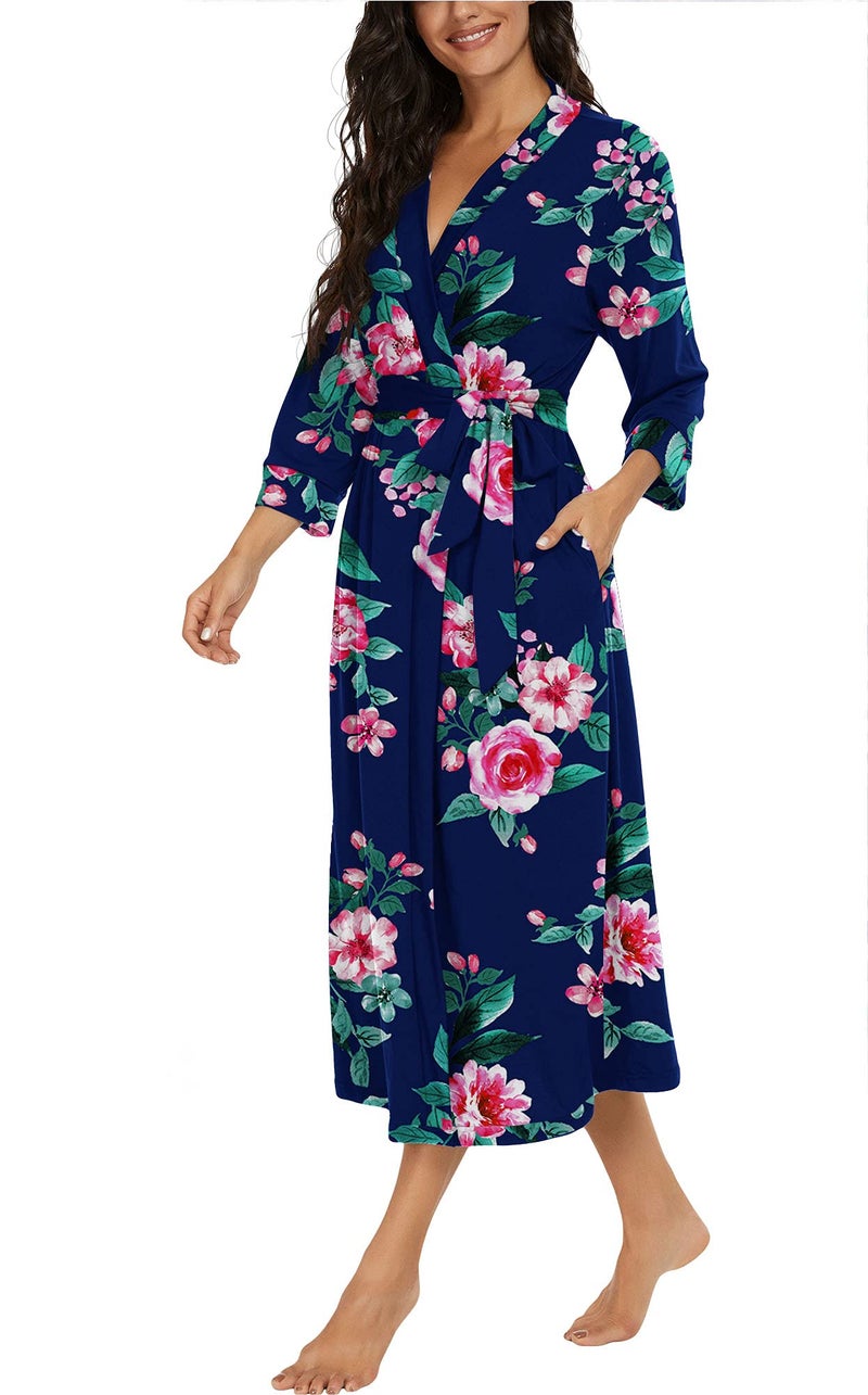 VINTATRE Women Kimono Robes Long Knit Bathrobe Lightweight Soft Knit Sleepwear V-neck Casual Ladies Loungewear FP-Navy Blue-Medium - Image 2
